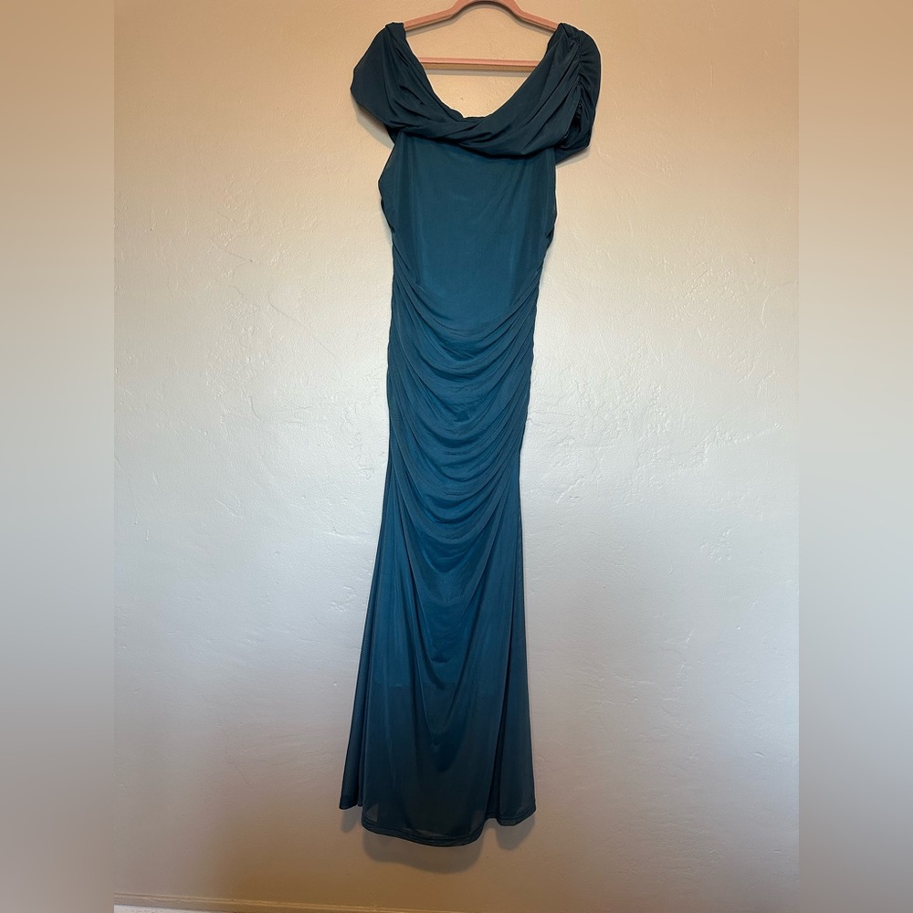 SHEIN Blue Ruched Asymmetrical Gown with Cowl Neck